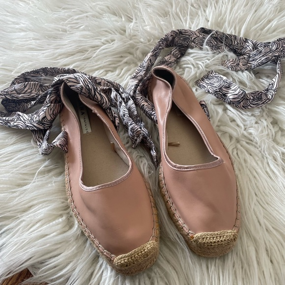 Zara pink faux leather espadrille lace up flats size 40‎ - Picture 1 of 9